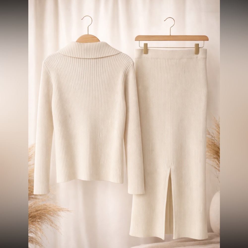 Elegant Cream Ribbed Maxi Skirt & Sweater Top— Women’s Stretch Knit Size M - Picture 2 of 14